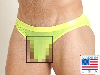 Model in neon yellow Rick Majors Vinyl Mesh Brief