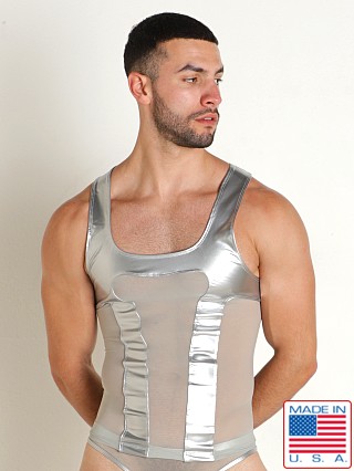 Model in silver Rick Majors Vinyl Mesh Tank Top