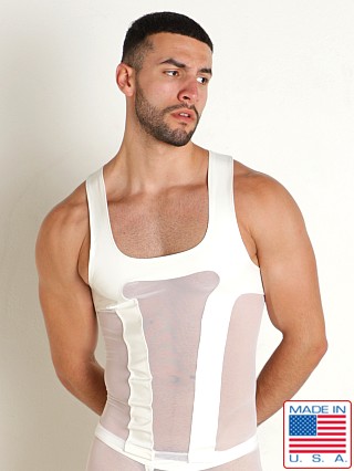 Model in white Rick Majors Vinyl Mesh Tank Top