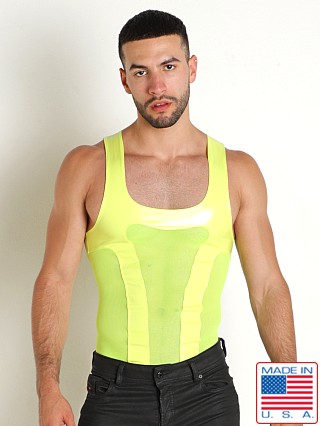 Model in neon yellow Rick Majors Vinyl Mesh Tank Top