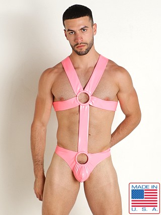 Model in neon pink Rick Majors Vinyl Mesh Bodysuit