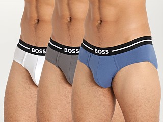 Model in white/grey/blue Hugo Boss Hip Brief 3-Pack