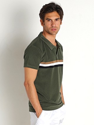 Model in olive Hugo Boss Terry Polo Shirt