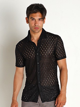 Model in black St33le Stretch Knit Lace Gossamer Short Sleeve Shirt