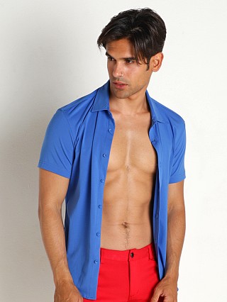 Model in tidal blue St33le Solid Stretch Jersey Knit Short Sleeve Shirt