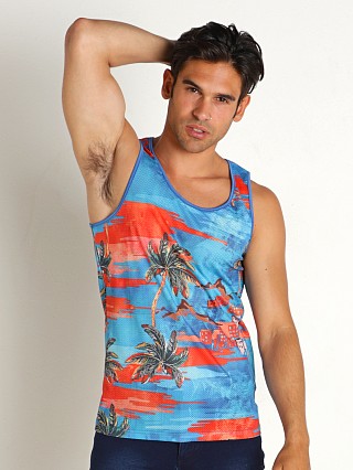 Model in turquoise/orange palm trees St33le Printed Stretch Mesh Tank Top Turquoise/Orange