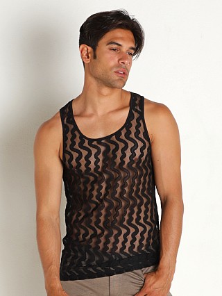 Model in black wave St33le Stretch Wave Gossamer Lace Tank Top