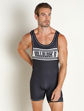 Model in black Cell Block 13 Challenger Zipper-Back Singlet