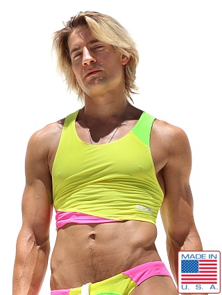 Model in neon multicolor Rufskin Jamie RufBabe Crop Top