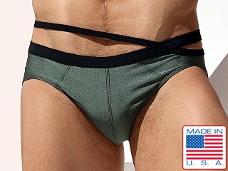 Model in metallic army Rufskin Cielo Swim Brief