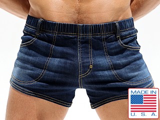 Model in dark distressed Rufskin Paz Stretch Denim Micro Shorts