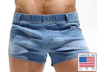 Model in light distressed Rufskin Paz Stretch Denim Micro Shorts