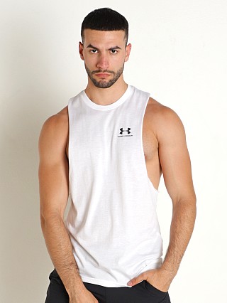 Model in white Under Armour Left Logo Chest Cut-Off Tank