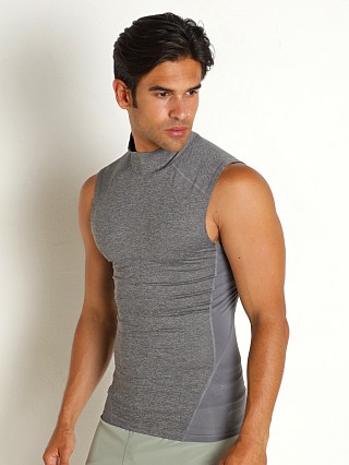 Model in carbon heather Under Armour HeatGear Mock Sleeveless