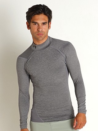 Model in carbon heather Under Armour HeatGear Mock Long Sleeve