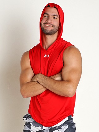 Model in red Under Armour Knockout Short Sleeve Hoodie