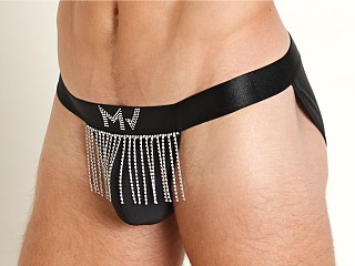 Model in black Modus Vivendi Flashy Fringed Tanga Brief