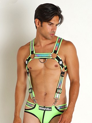 Model in neon green Breedwell Reflector Bulldog Body Harness