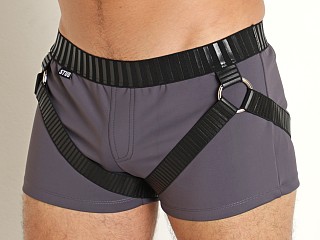 Model in dark grey STUD Callisto Harness Shorts