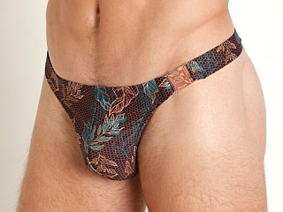 Model in gold foil print 2eros V80 Swim Thong Black Label