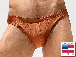 Model in copper Rufskin Matt Ramhead Swim Jockstrap