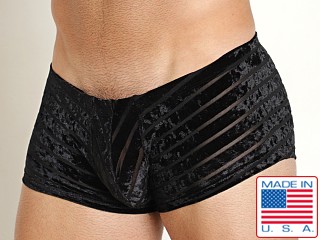 Model in black Rick Majors Stripe Velvet Super Low Rise Trunk