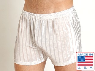 Model in white Rick Majors Stripe Velvet Short