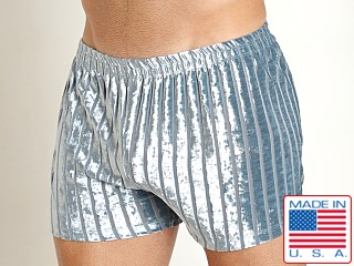 Model in sea blue Rick Majors Stripe Velvet Short