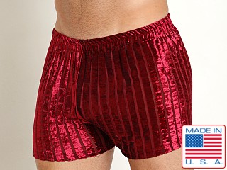 Model in elderberry Rick Majors Stripe Velvet Short