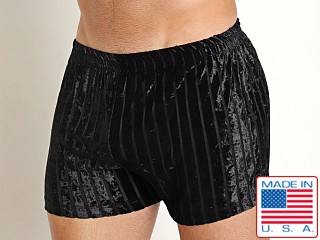 Model in black Rick Majors Stripe Velvet Short