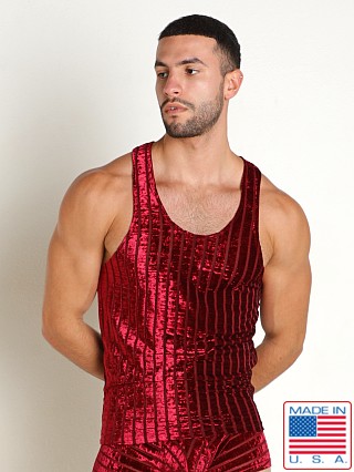 Model in elderberry Rick Majors Stripe Velvet Tank Top