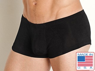 Model in black Rick Majors Frosted Slinky Low Rise Trunk