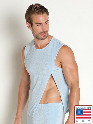 Model in sky blue Rick Majors Frosted Slinky Tank Top