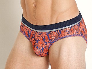 Model in sienna/navy paisley St33le Recycled Polyester Elastane Low Rise Briefs Sienna/Navy