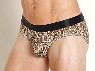 Model in brown/khaki safari St33le Recycled Polyester Elastane Low Rise Briefs Brown/Khaki