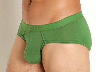 Model in rainforest green Cocksox Natural Origins Enhancer Pouch Sports Brief Rainforest