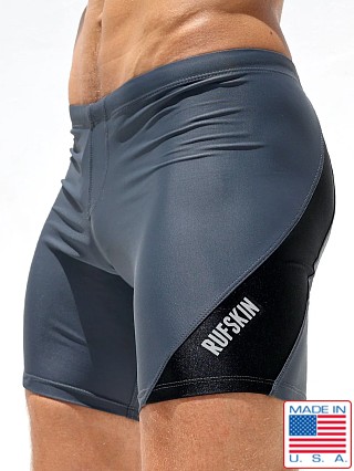 Model in lead grey Rufskin Bolt Matte and Shiny Nylon Cycle Short