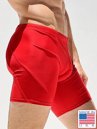 Model in red Rufskin Bolt Matte and Shiny Nylon Cycle Short