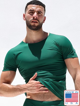 Model in kelly green Rufskin Johnson Matte and Shiny Nylon Kimono T-Shirt