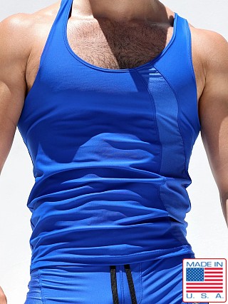 Model in royal Rufskin Owens Matte and Shiny Nylon Sport Tank Top