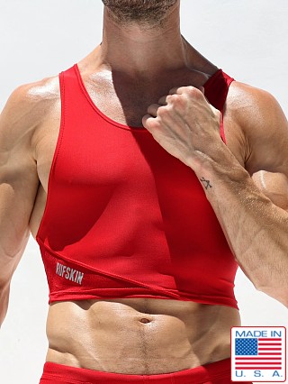 Model in red Rufskin Daley Matte and Shiny Nylon Sport Crop Top