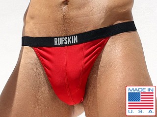 Model in red Rufskin Edwin Matte Nylon Sport Thong