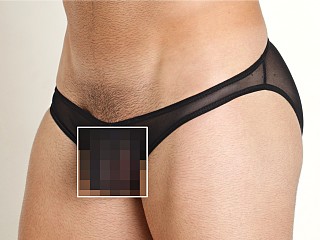 Model in black Mckillop Max Bulge Ultra Stretch Mesh Bikini With C-Ring