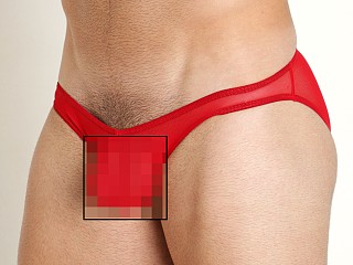 Model in red Mckillop Max Bulge Ultra Stretch Mesh Bikini With C-Ring