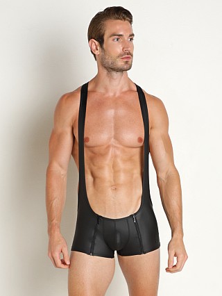 Model in black Manstore Zipper Wrestler Bodysuit