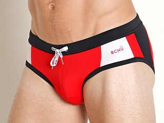 Model in red BCNU XLR8 Swim Brief