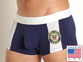 Model in navy Rick Majors Military Trunk