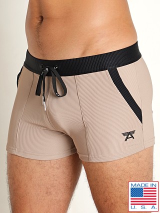 Model in taupe/black LASC FlexRib Swim Trunk Taupe