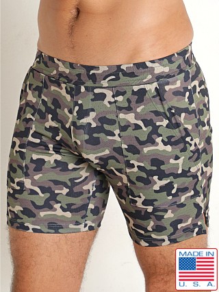 Model in army camo LASC Perforated Jersey 6" Shorts