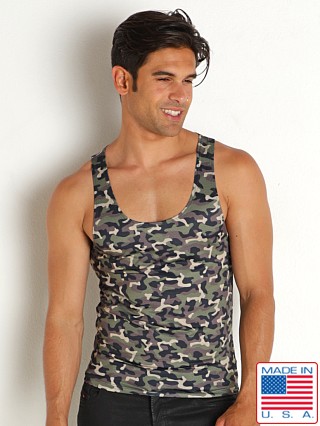 Model in army camo LASC Perforated Jersey Tank Top